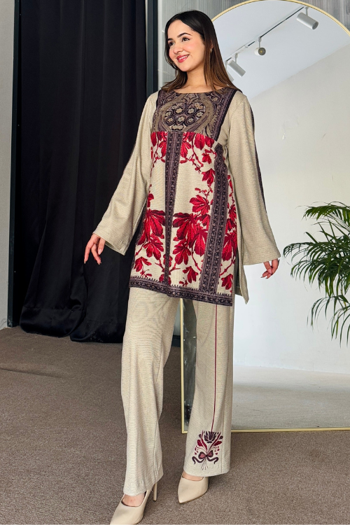 Noor Red & Beige Winter Floral Kurta Set