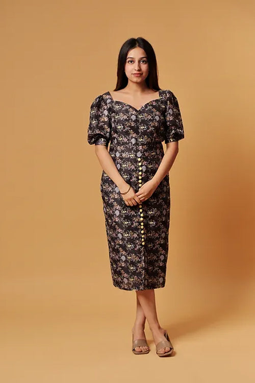Abstract print dress with front buttons