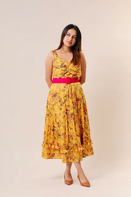 Anna Yellow floral midi dress