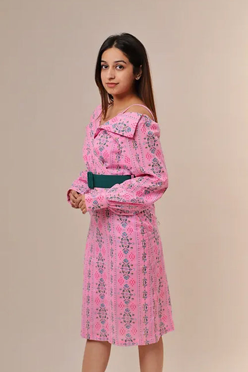 Emily pink print dress with green belt