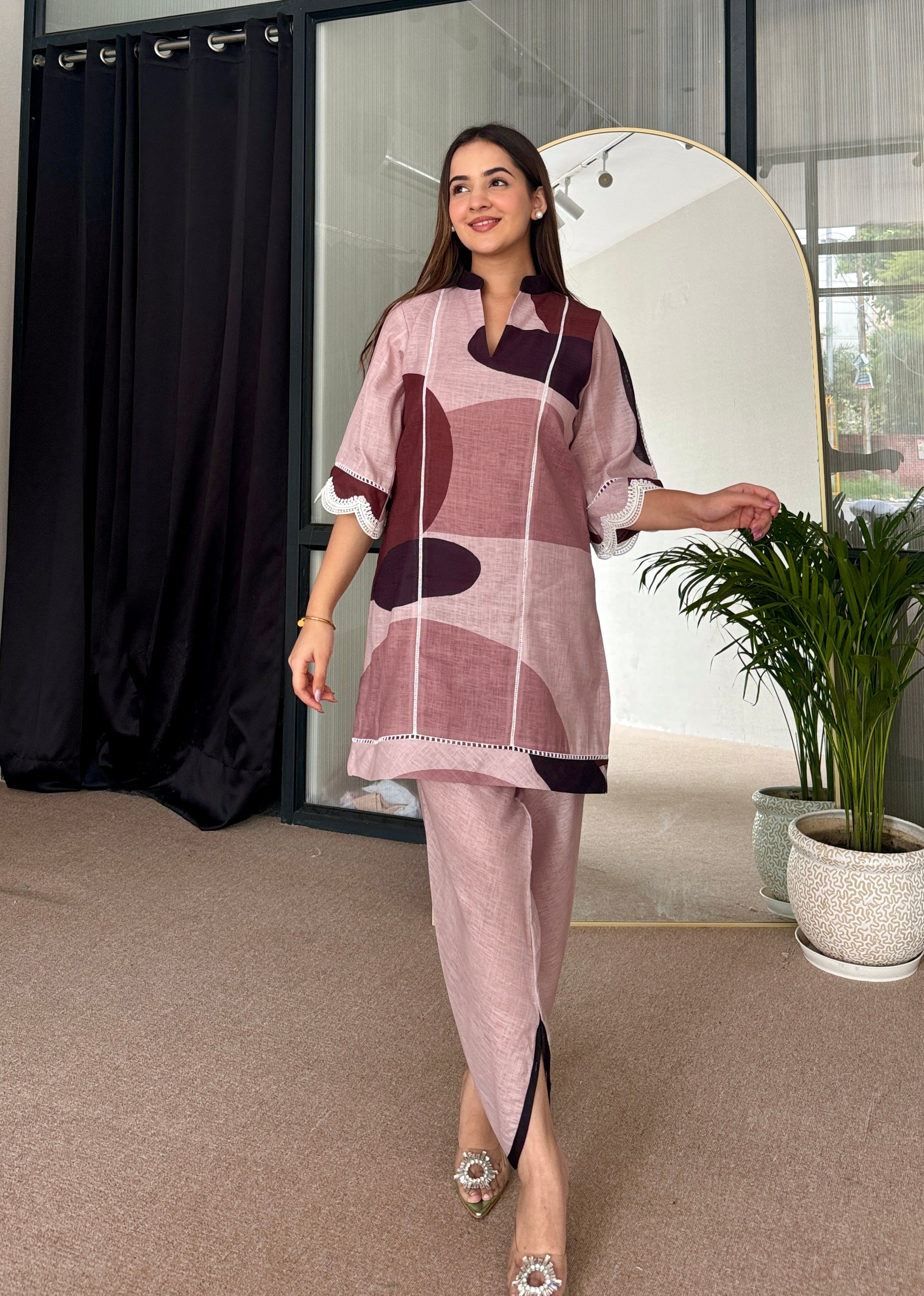 Rose Pink Abstract Pakistani Kurta Set