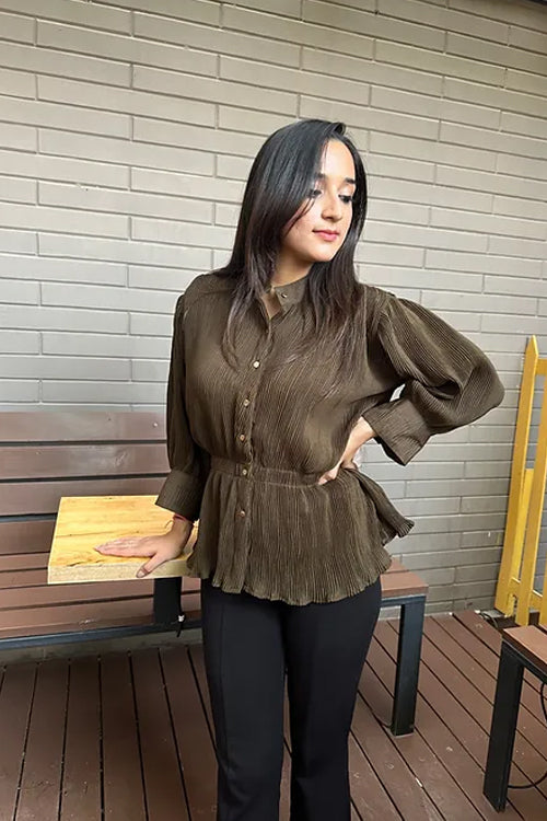 Olive Pleated Top
