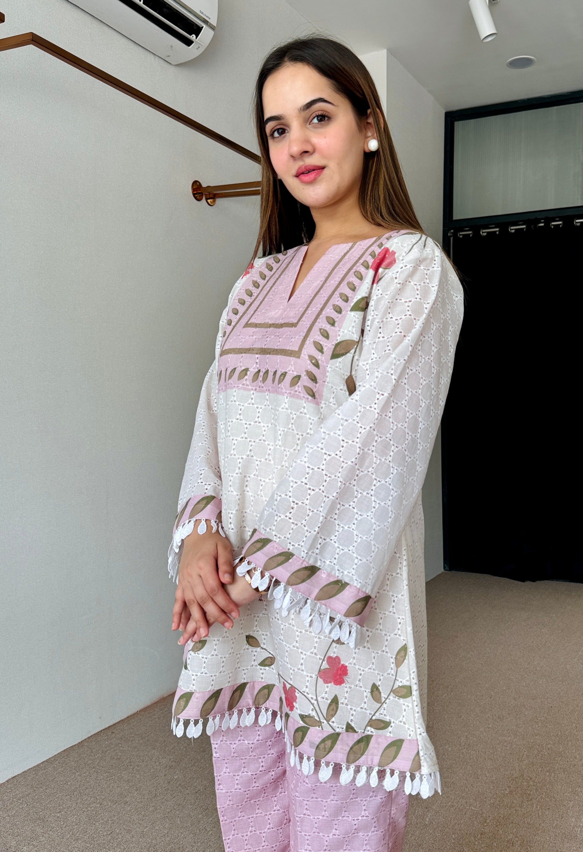 White & Pink Floral Festive Kurta Set