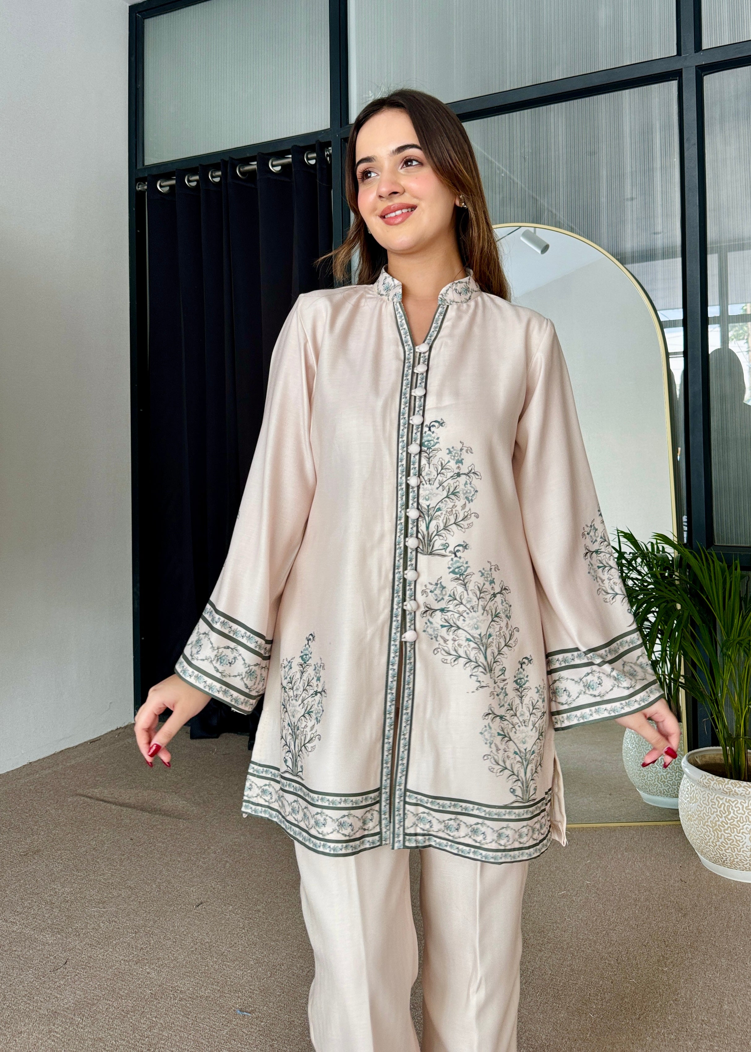 Beige Winter Floral Pashmina Kurta Set