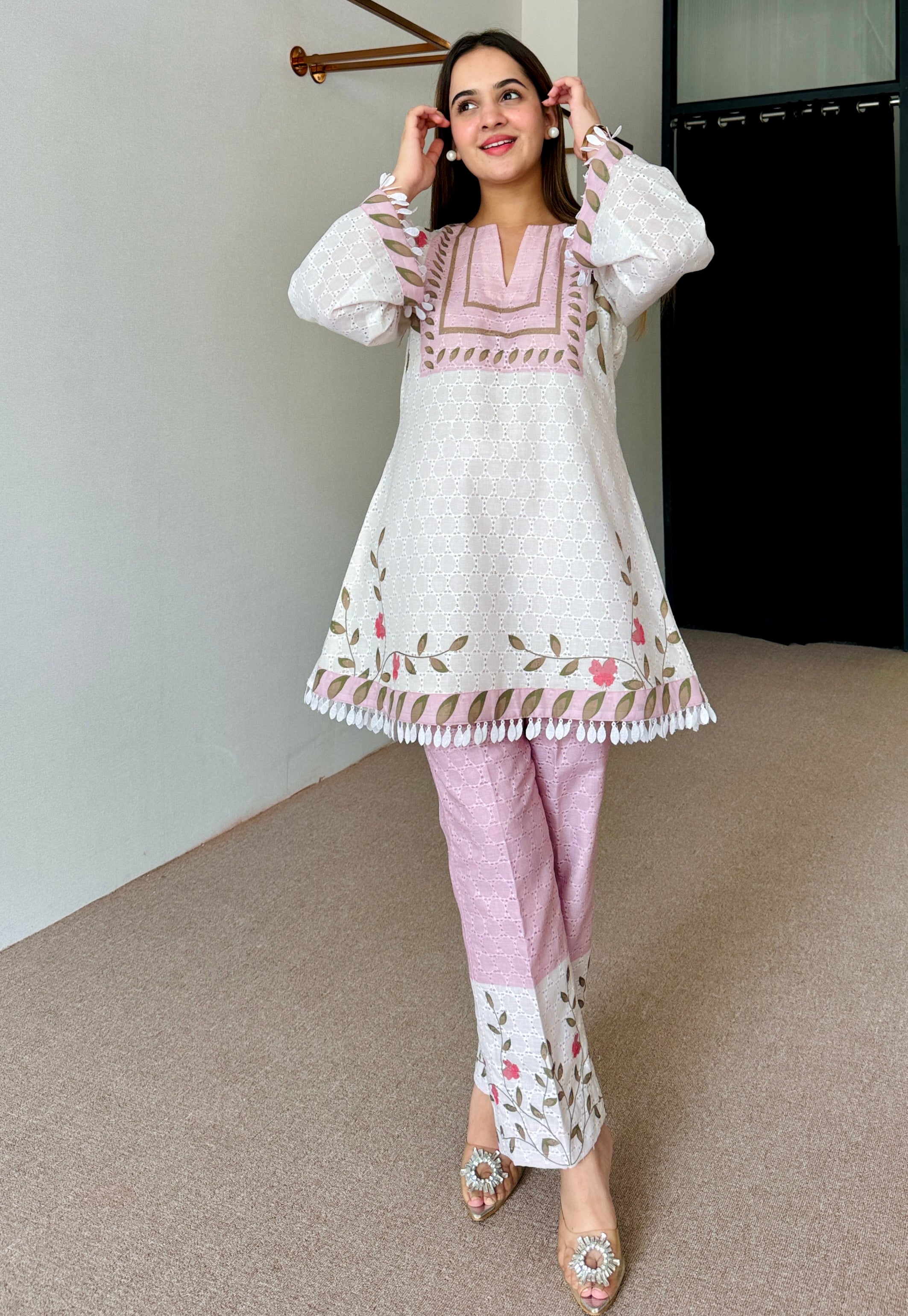 White & Pink Floral Festive Kurta Set