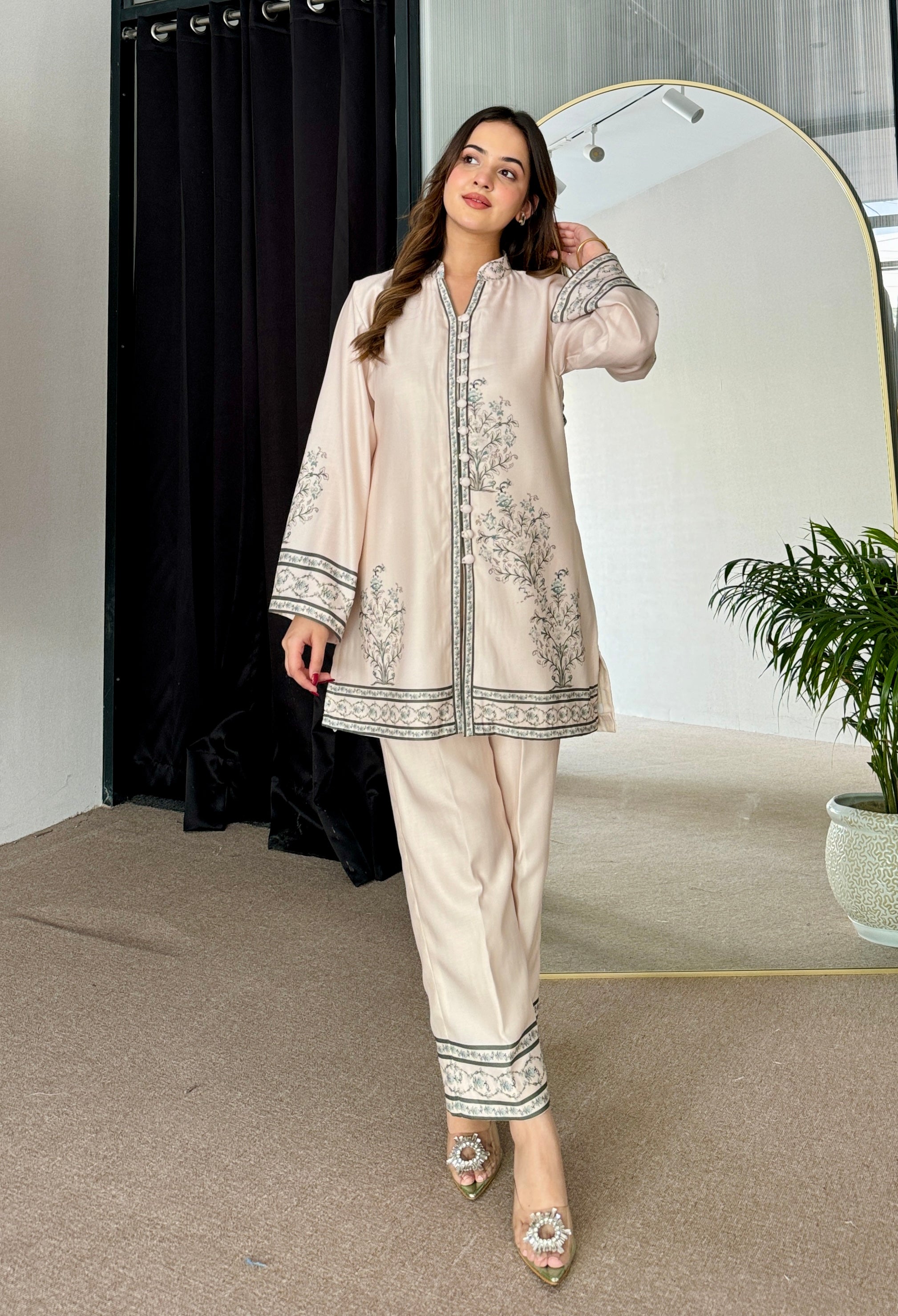 Beige Winter Floral Pashmina Kurta Set