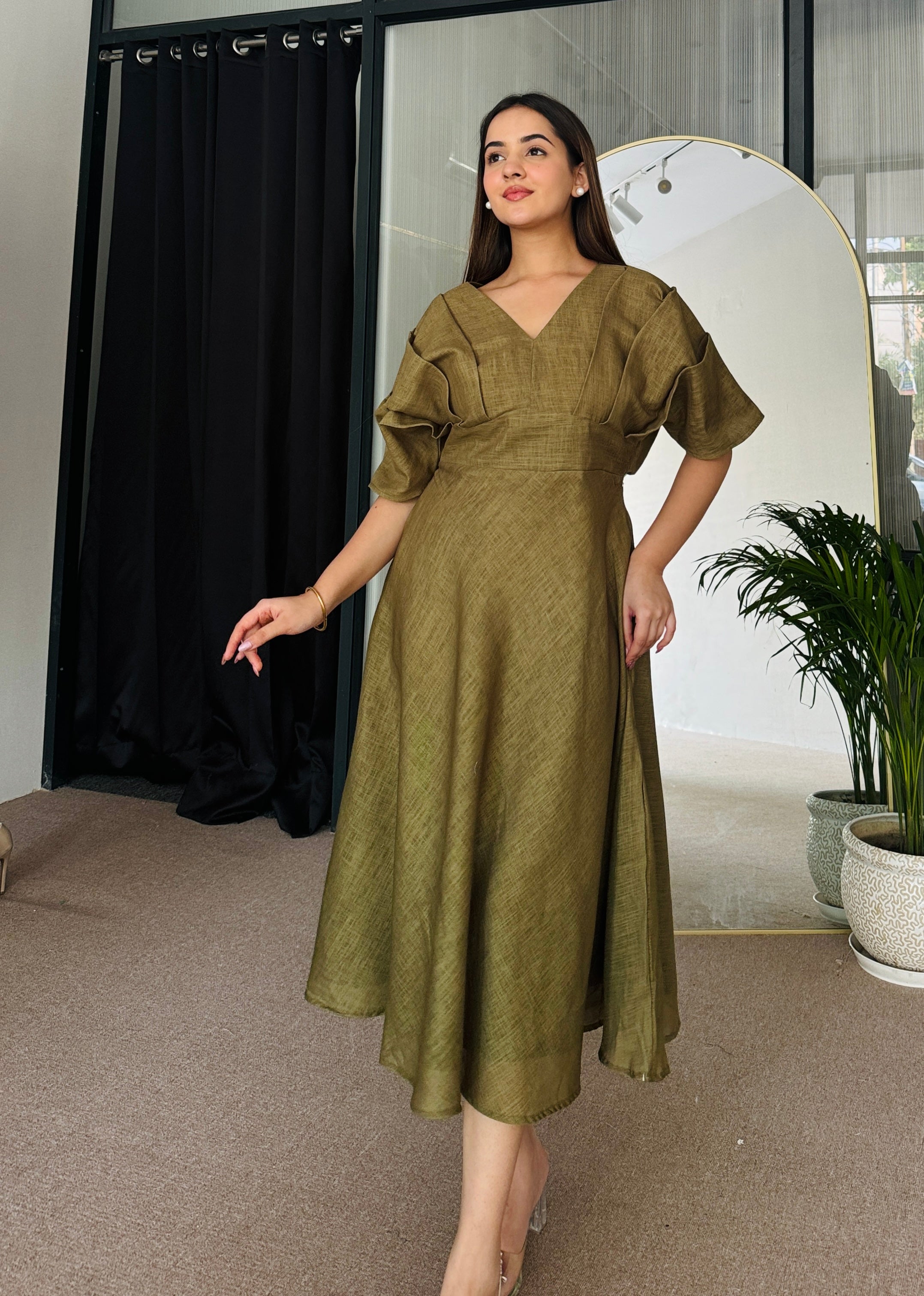 Statement Olive Midi Dress