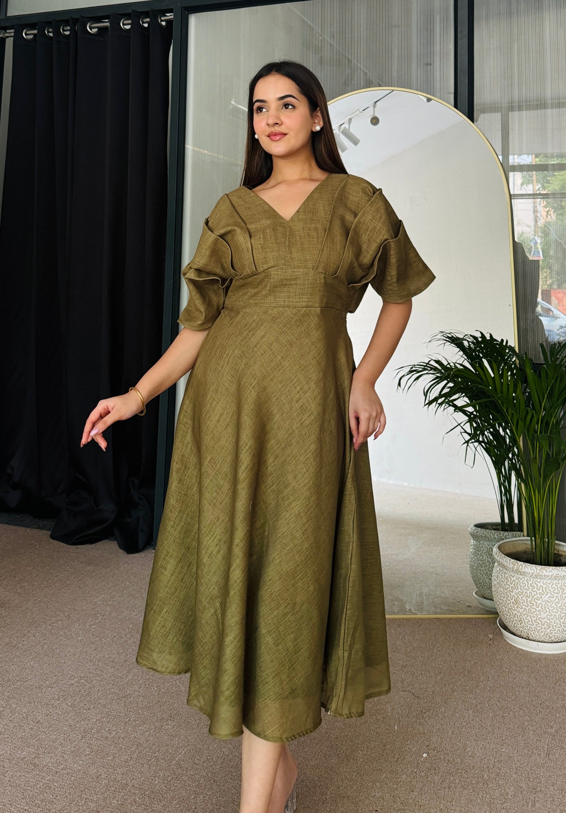 Statement Olive Midi Dress