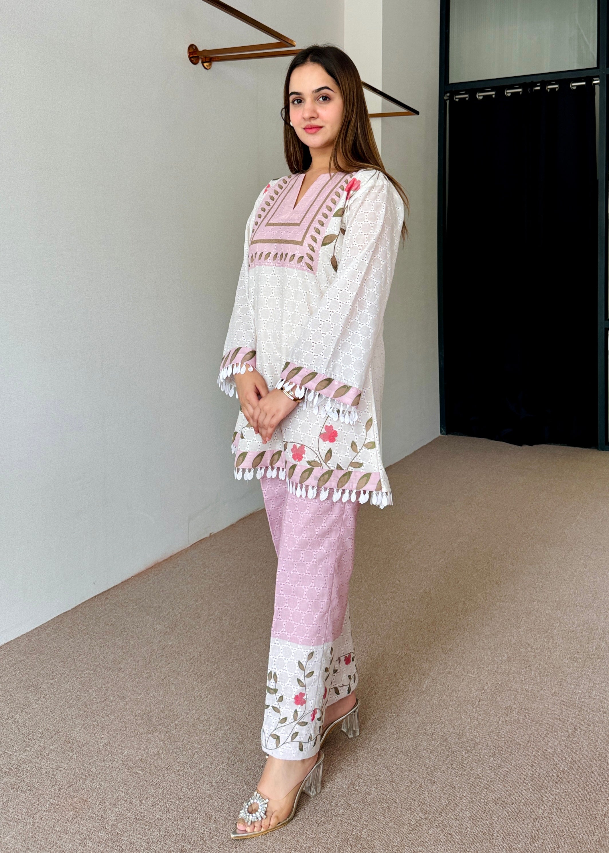 White & Pink Floral Festive Kurta Set