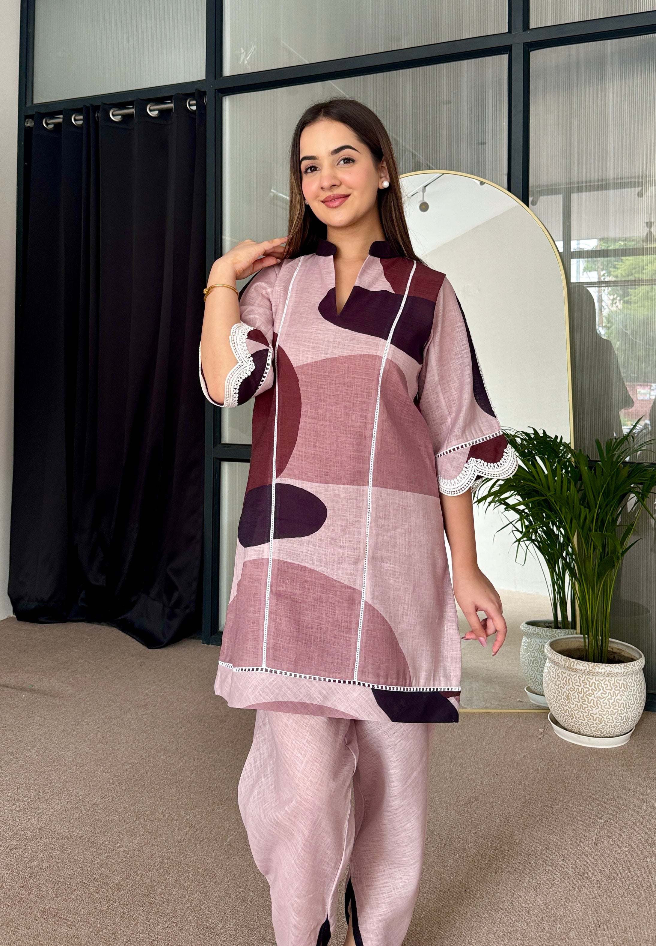 Rose Pink Abstract Pakistani Kurta Set