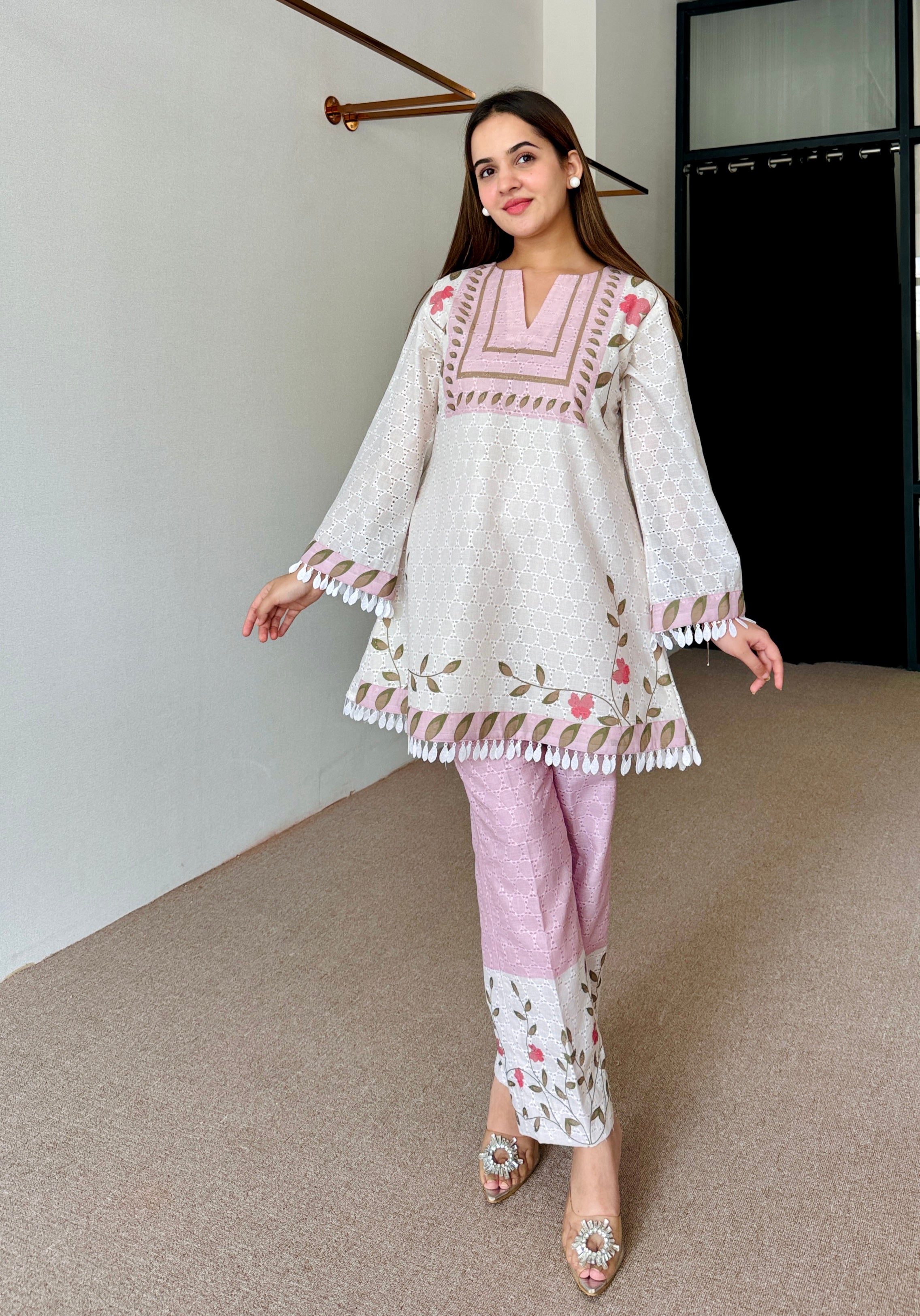 White & Pink Floral Festive Kurta Set