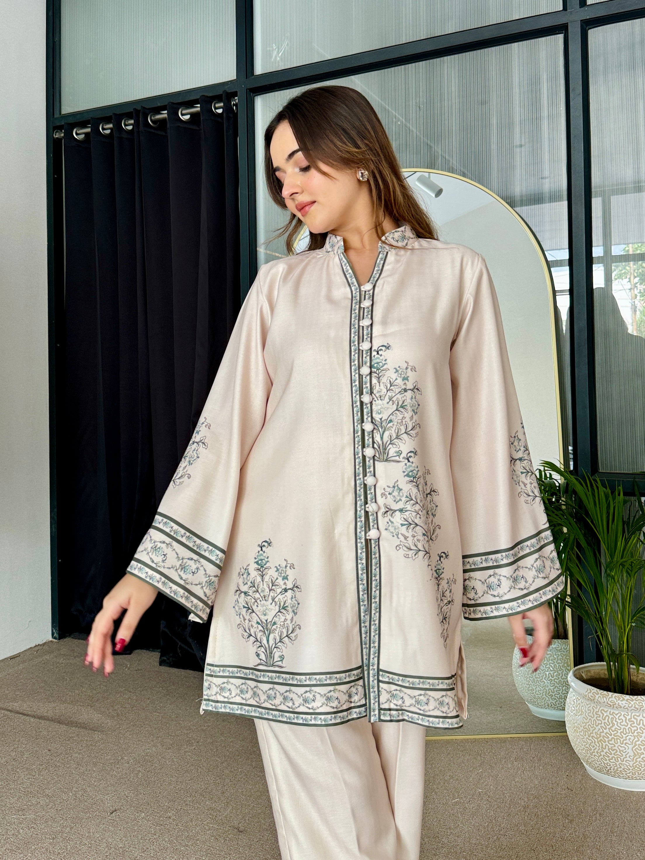 Beige Winter Floral Pashmina Kurta Set