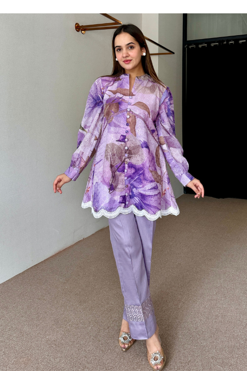 Floral Lavender Pakistani Kurta Set