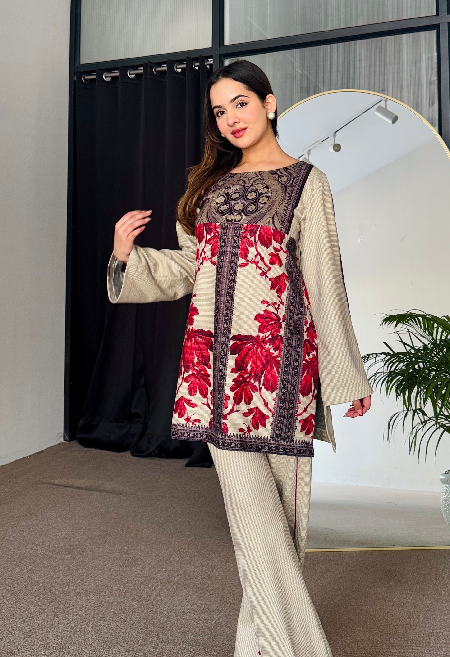 Noor Red & Beige Winter Floral Kurta Set