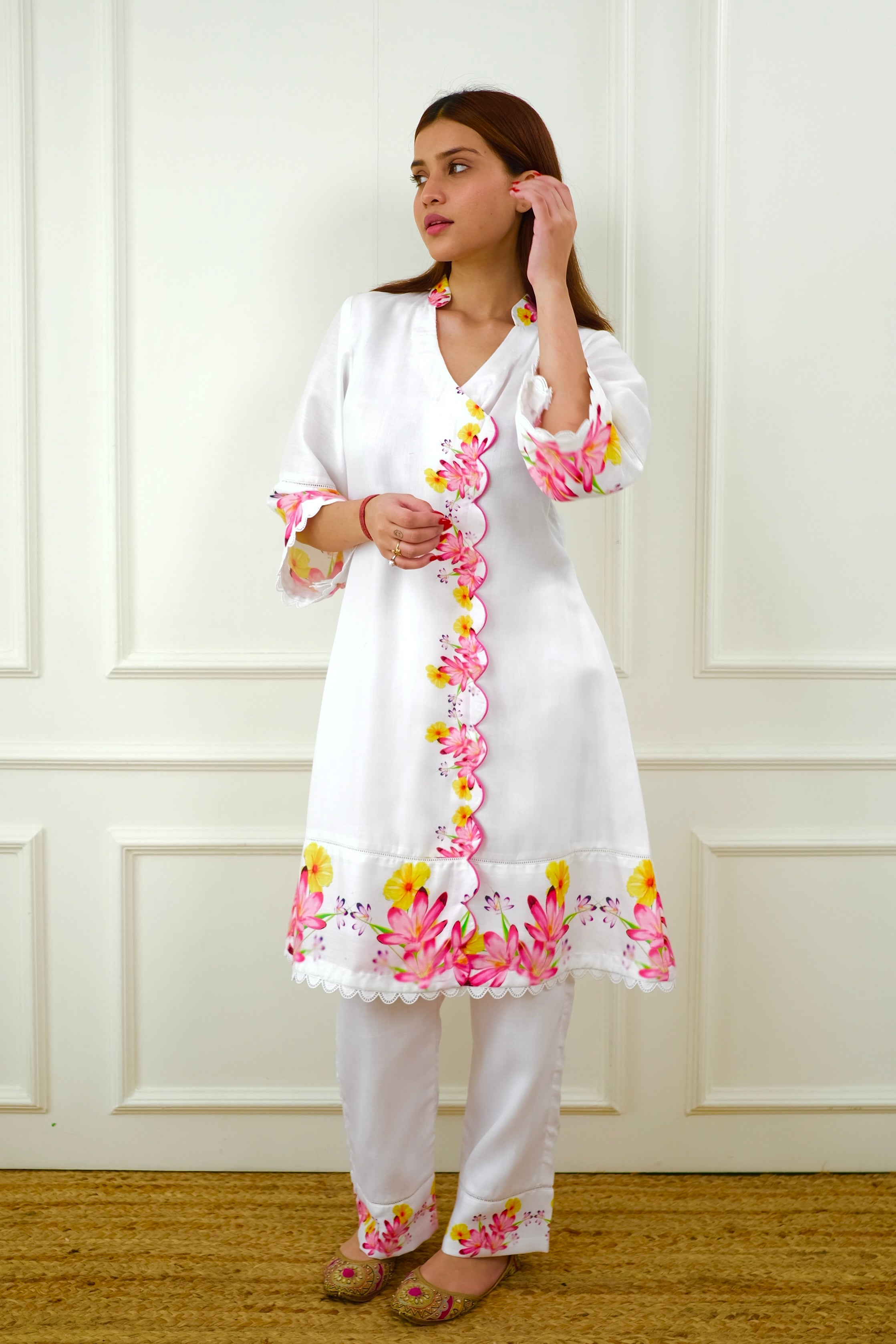 White Floral Pakistani Kurta Set