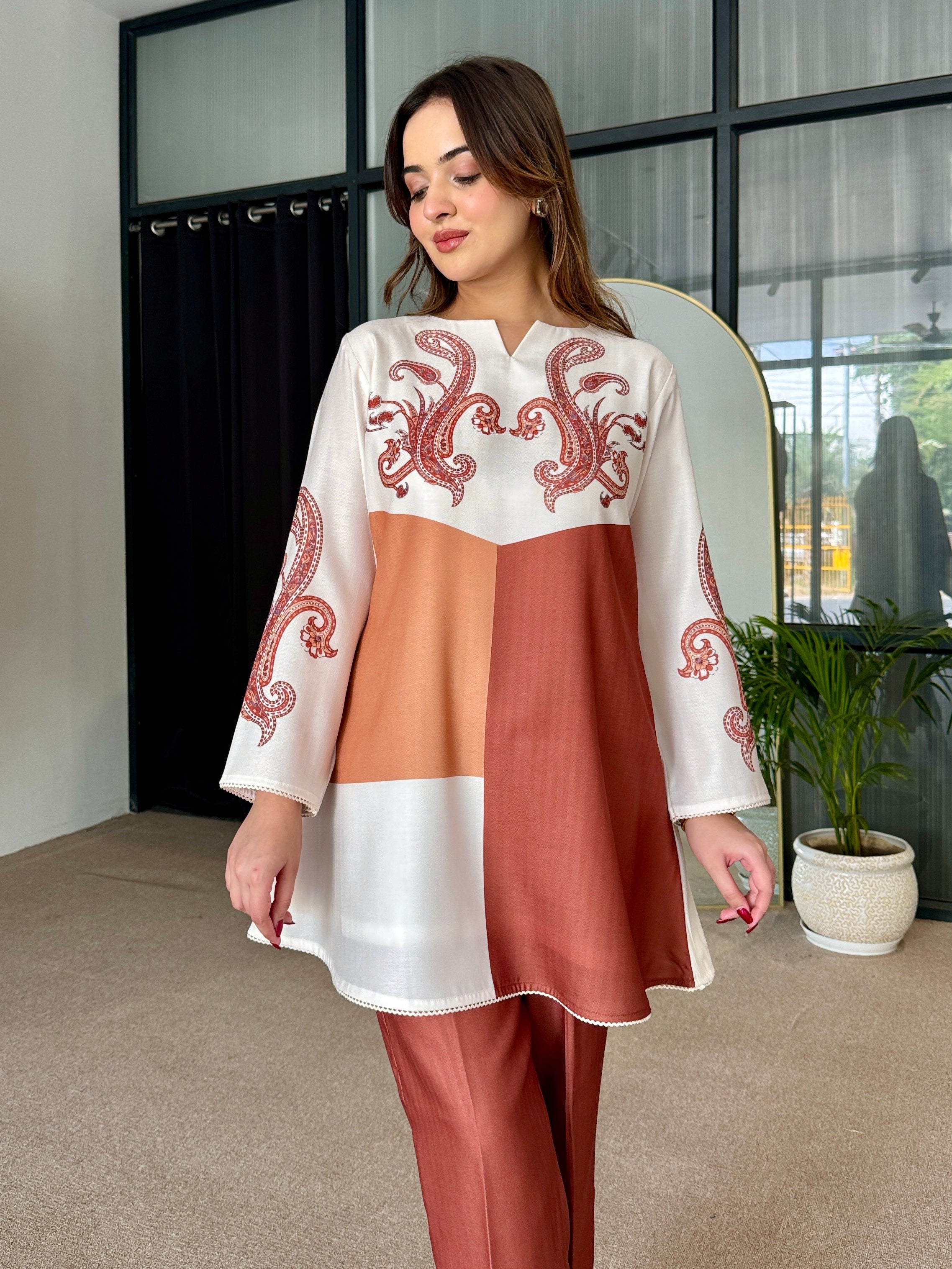 Tan Color Block Winter Kurta Set