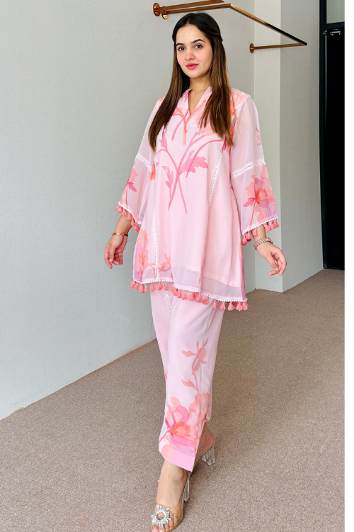 Pastel Floral Pink Pakistani Kurta Set