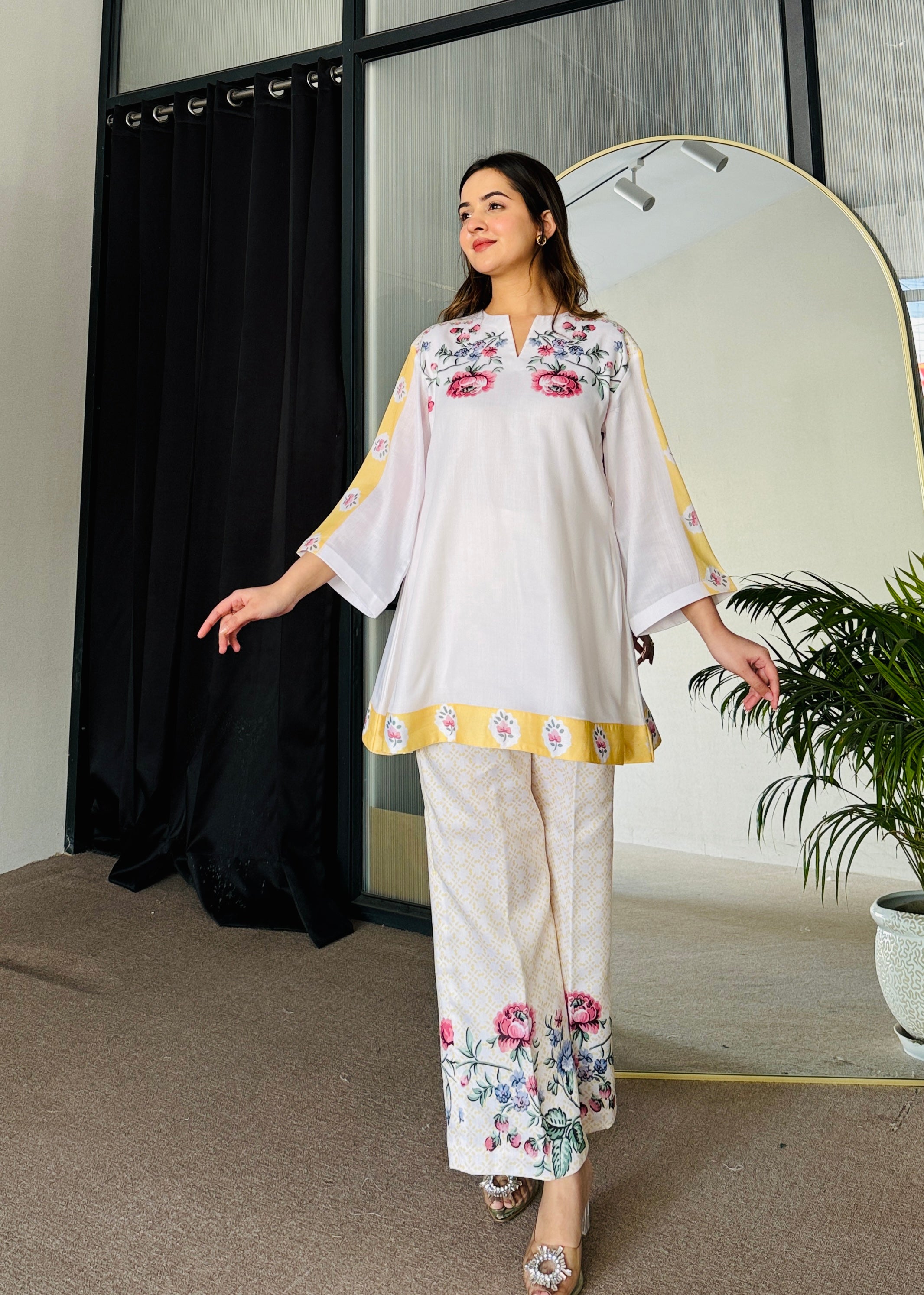 White & Yellow Floral Summer Kurta Set