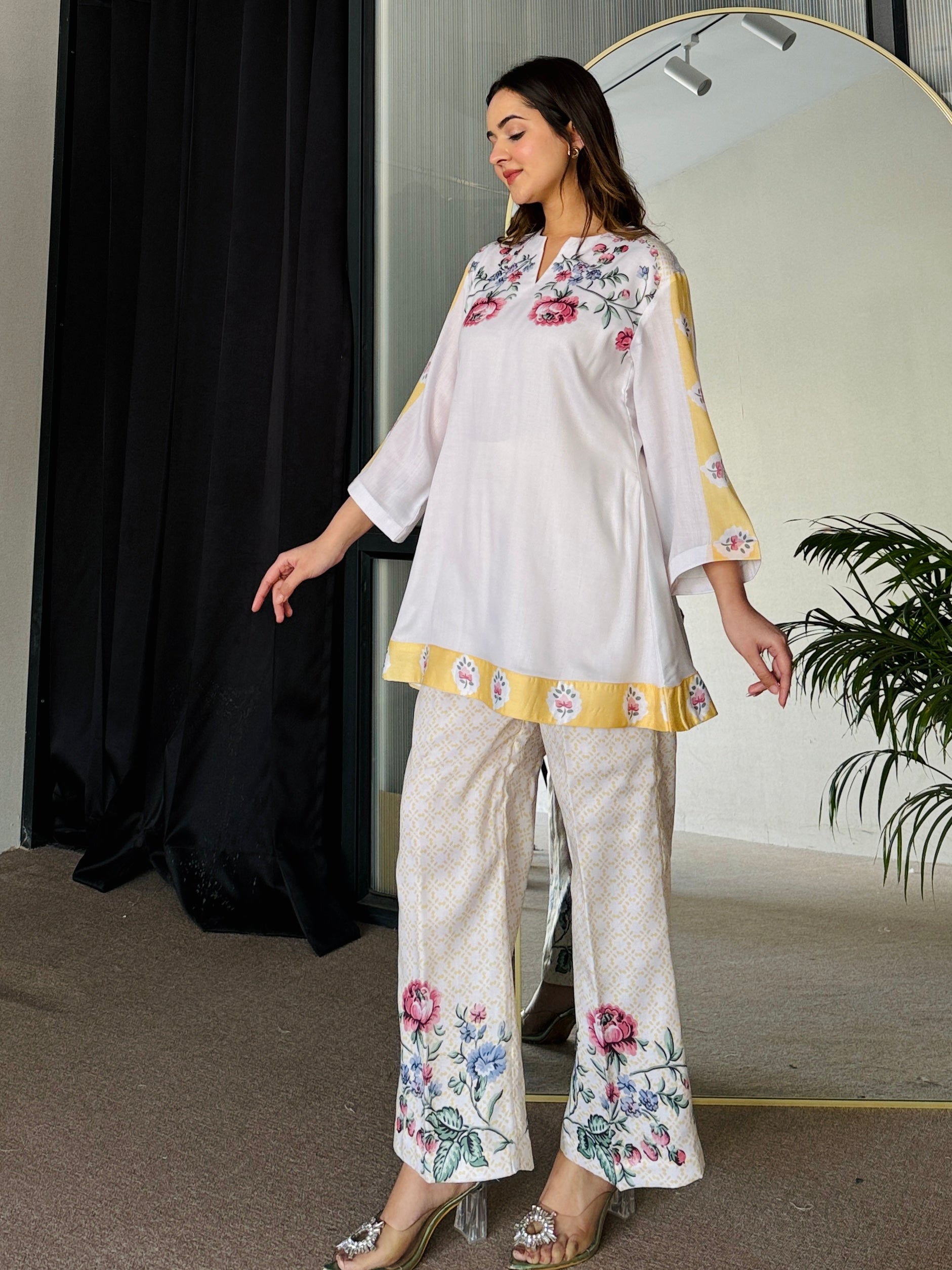 White & Yellow Floral Summer Kurta Set