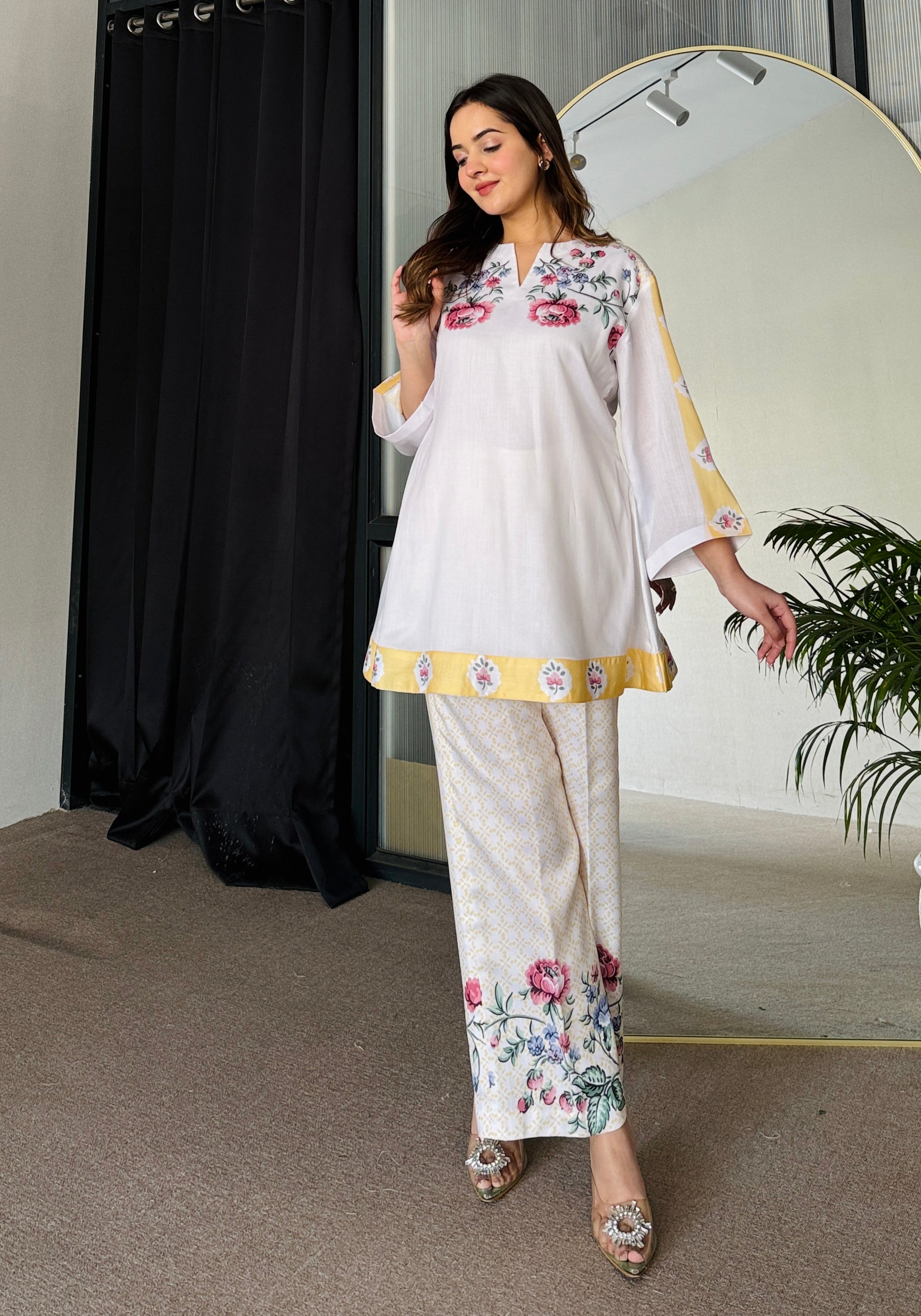 White & Yellow Floral Summer Kurta Set