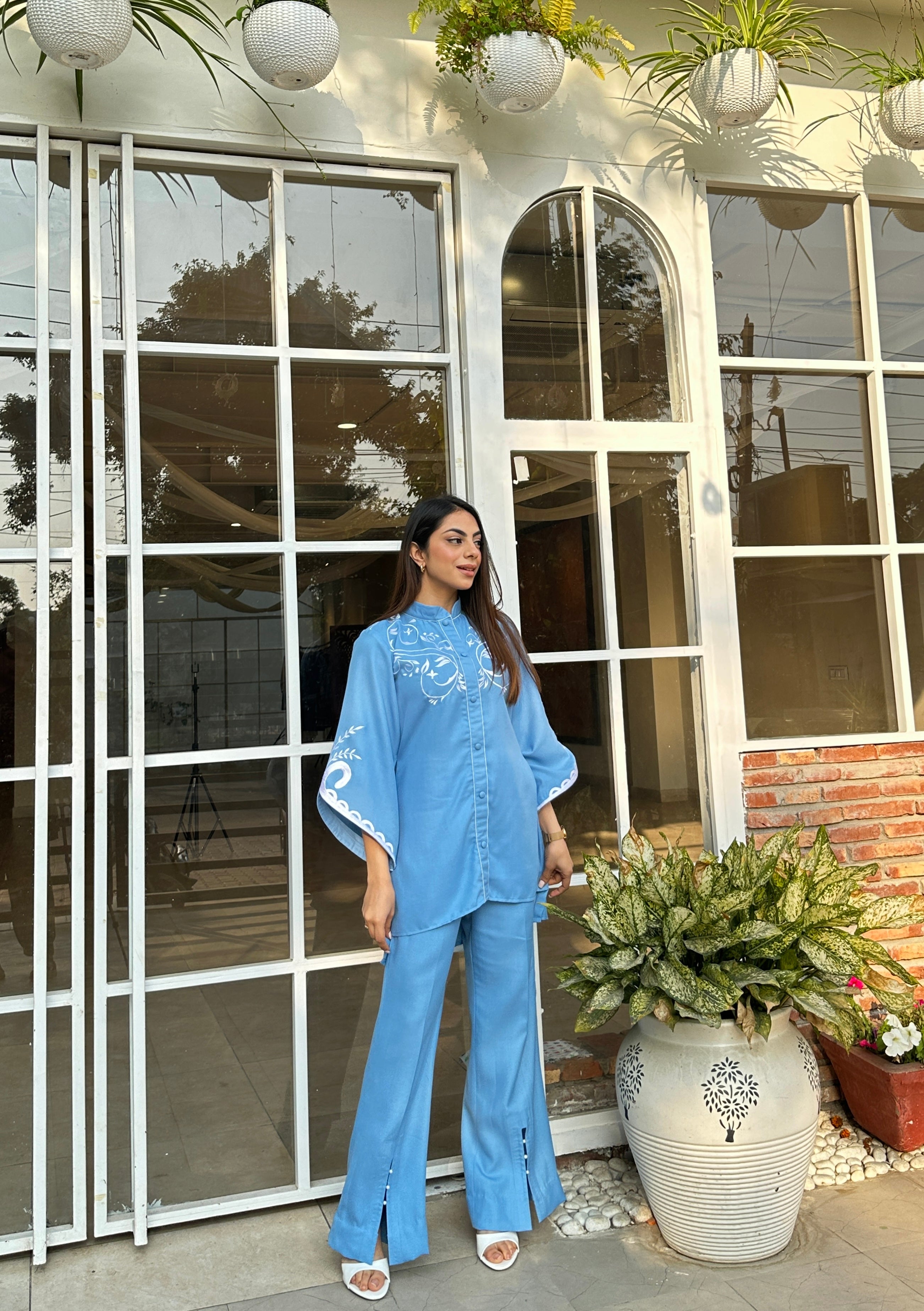 Denim Blue Embroidered Winter Fusion Set