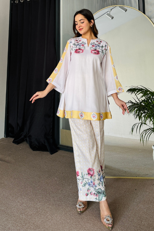 White & Yellow Floral Summer Kurta Set